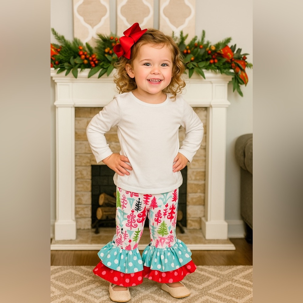 Mud Pie Toddler girls 2T, whimsical tree pants, Christmas, ruffles, pink green